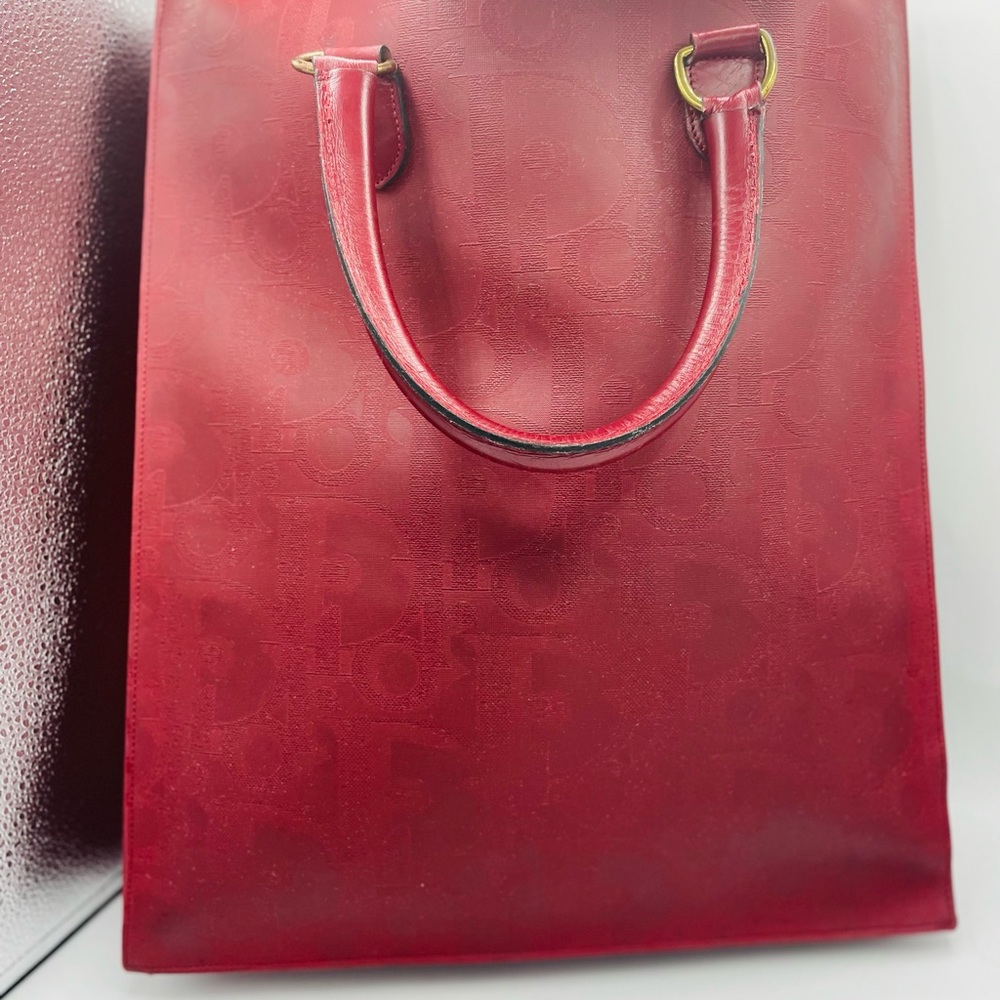 Authentic Dior Trotter Monogram Tote Shoulder Bag Burgandy Red